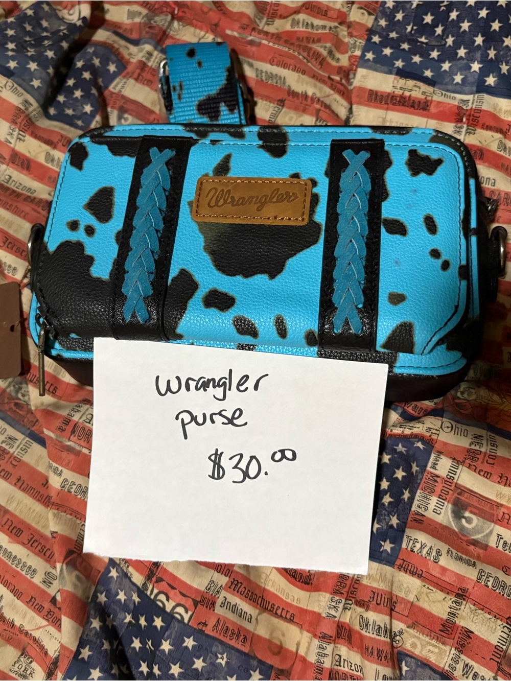 Wrangler Turquoise and Black Cowprint Mini Crossbody Wristlet